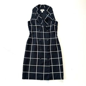 Vintage Talbots Black & White Windowpane Check Linen Sleeveless Shirt Dress